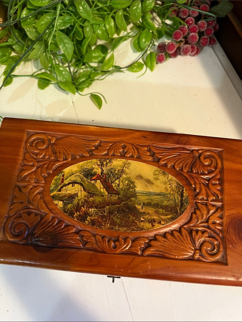 Trinket Box - Wood - Jewelry Makeup Etc Red Cedar - Mirror - VTG - COTTAGE PIC